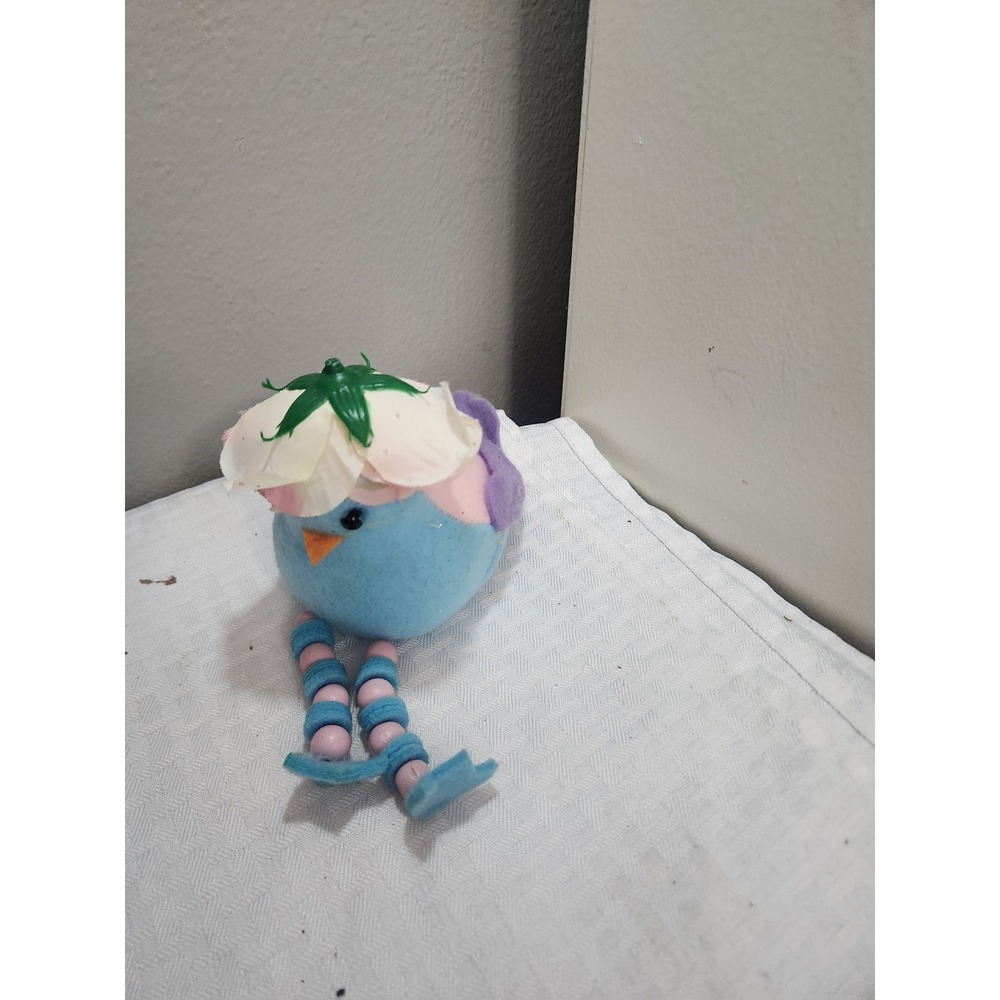 Pastel Fabric Bird Figurine with Flower Hat and Beaded Dangly Legs Spring Decor